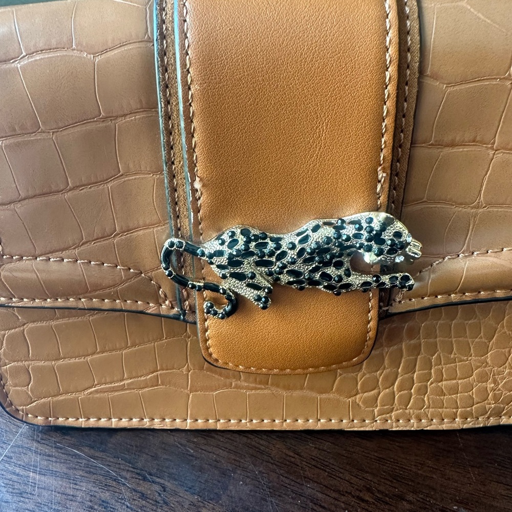 Topshop Tan Croc-Embossed Mini Belt Bag with Leopard Clasp - Picture 2 of 14